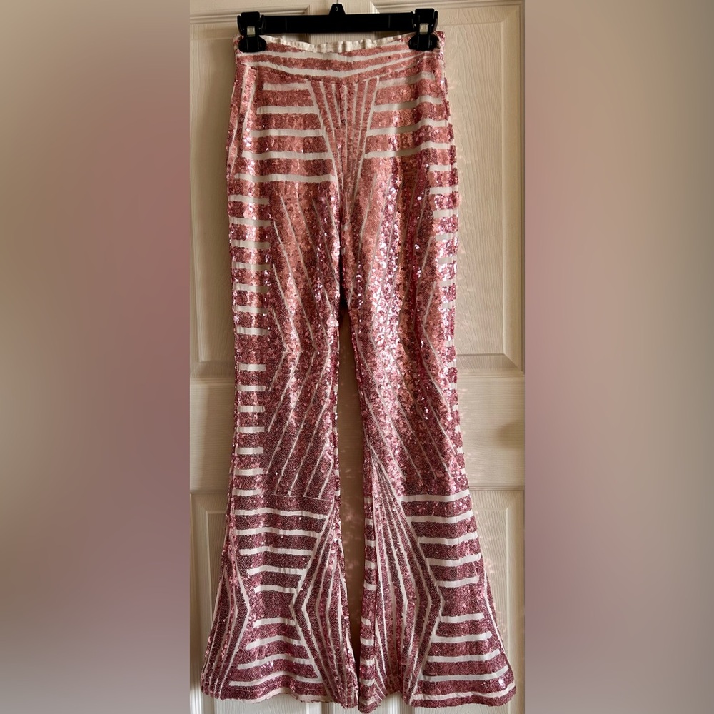 Boutique Rose Pink Sequin Flare Pants Size Small Perfect for 💕 Valentine’s Day 💕